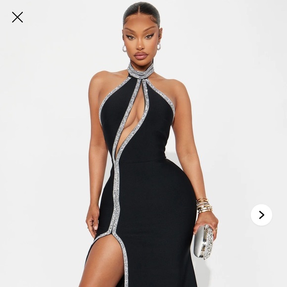 Fashion Nova Dresses & Skirts - ~Elegant Black Kari Rhinestone Maxi Dress w/ Assymetric Rhinestone Trim~